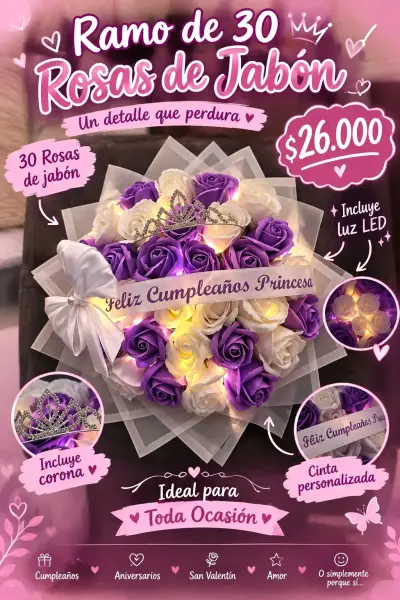 Ramo de 30 rosas de jabón con luz LED y corona - miniatura 1