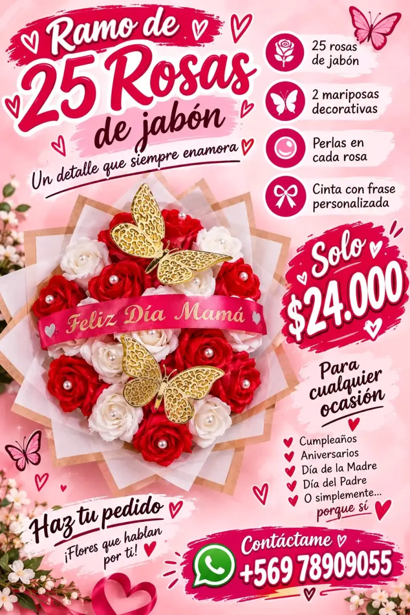Ramo de 25 rosas de jabón con mariposas decorativa