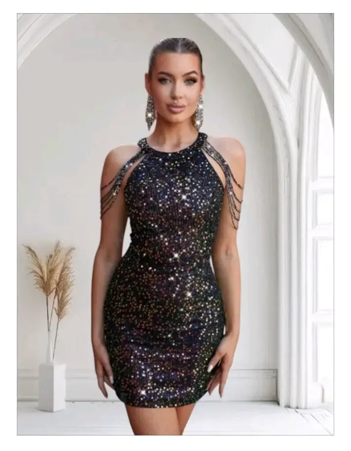 Vestido de fiesta corto de lentejuelas con perlas - 3