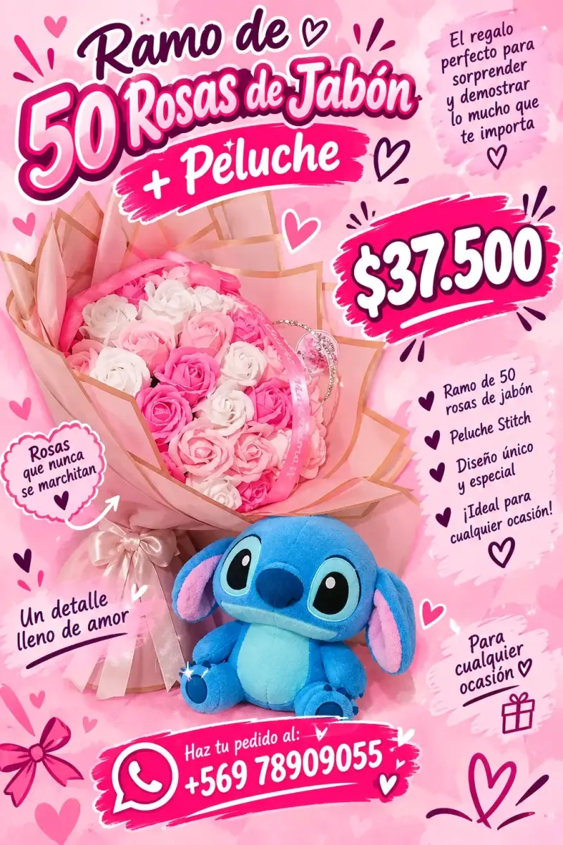Ramo de 50 rosas de jabón con peluche