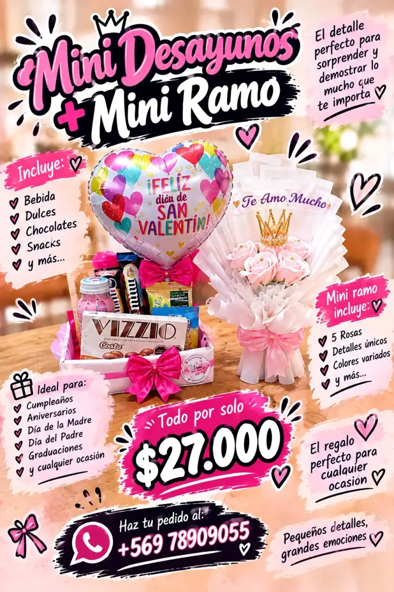 Mini desayuno con ramo y globos para regalo