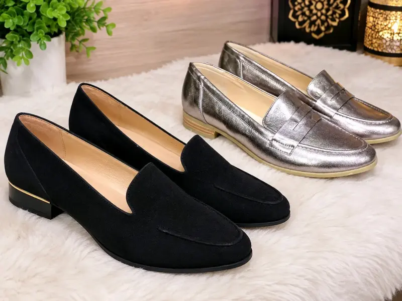 Zapatos tipo mocasín para mujer en negro y plateado