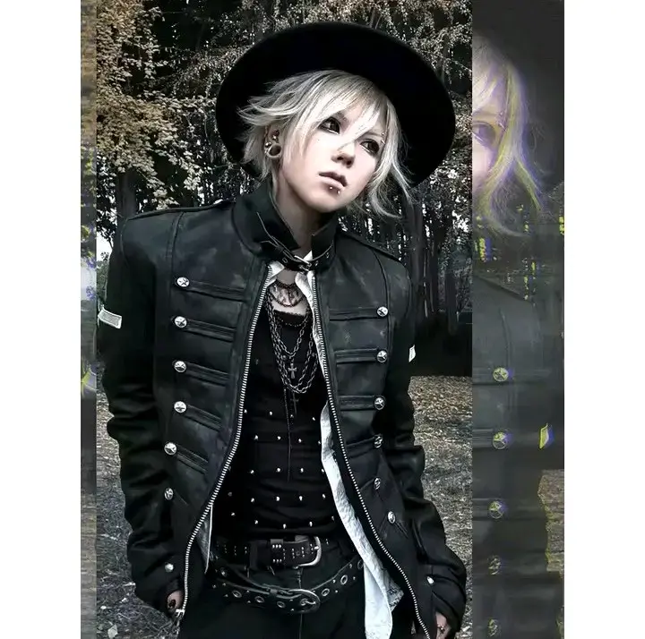 Chaqueta de cuero negra estilo militar unisex goth - 1