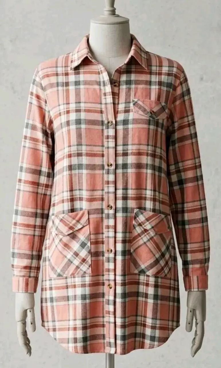 Camisa de franela a cuadros rosados para mujer