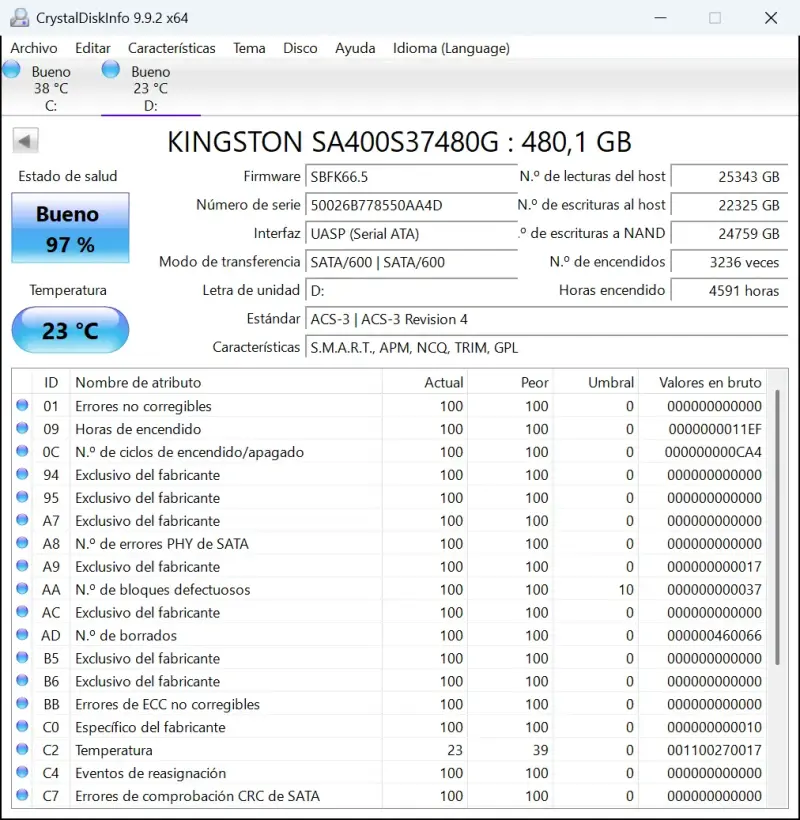 SSD Kingston 480GB 2.5" SATA III - (97% de Salud) - 3