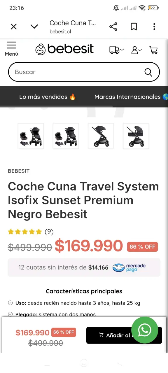 Coche Cuna Travel System Bebesit Negro - 1