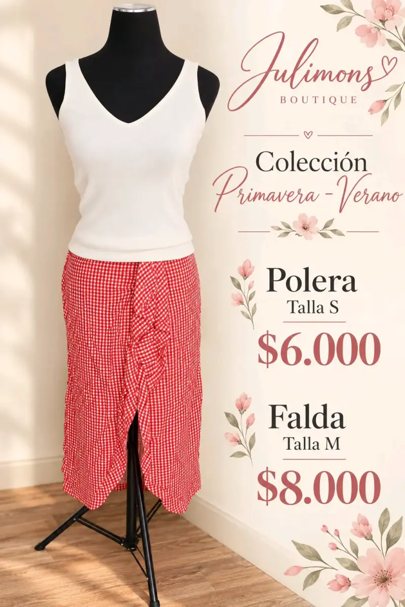 Conjunto Polera Blanca y Falda Roja a Cuadros