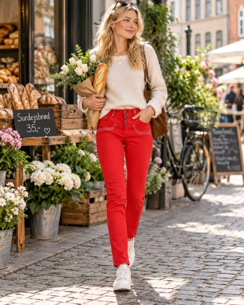 Pantalones rojos slim fit, detalles de cristales - 1