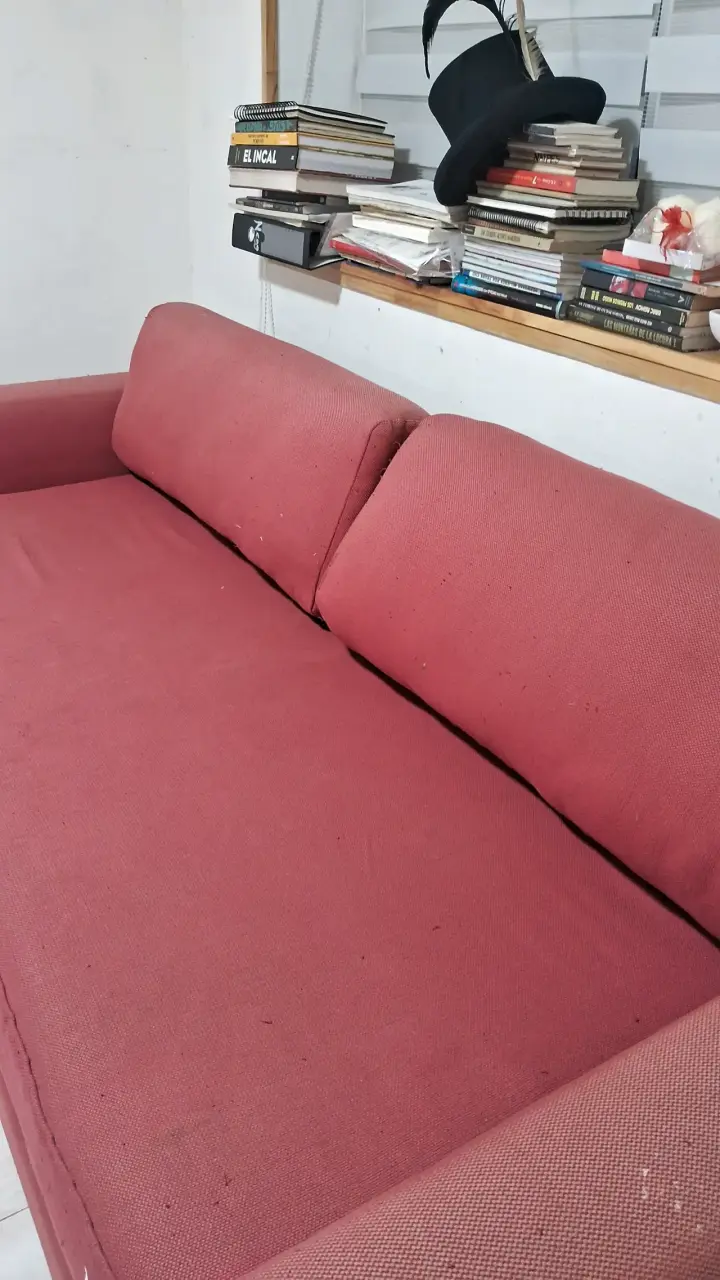 Sofá rojo de tela en buen estado, una plaza - 3
