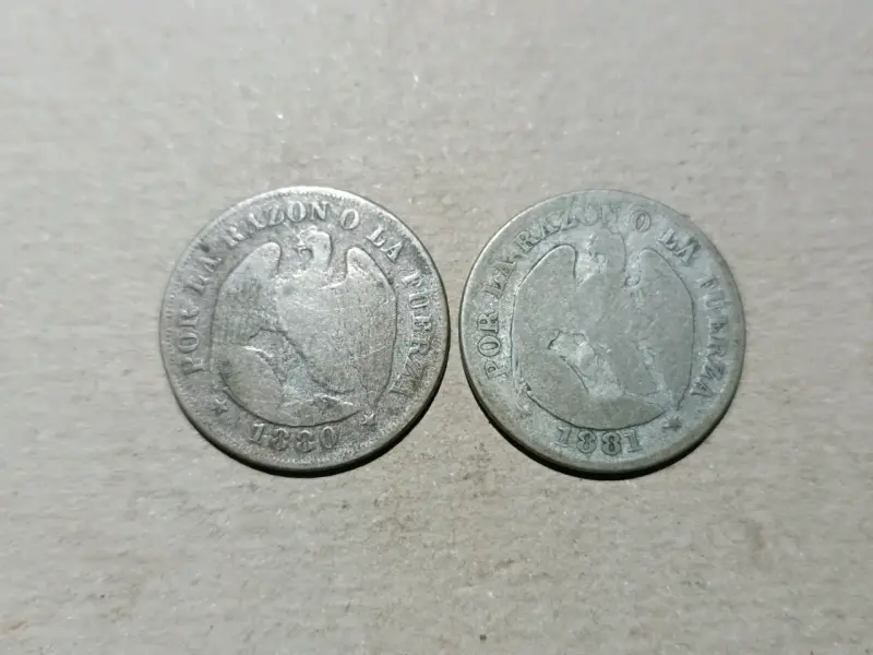 Monedas antiguas chilenas de plata 1880 y 1881 - 1