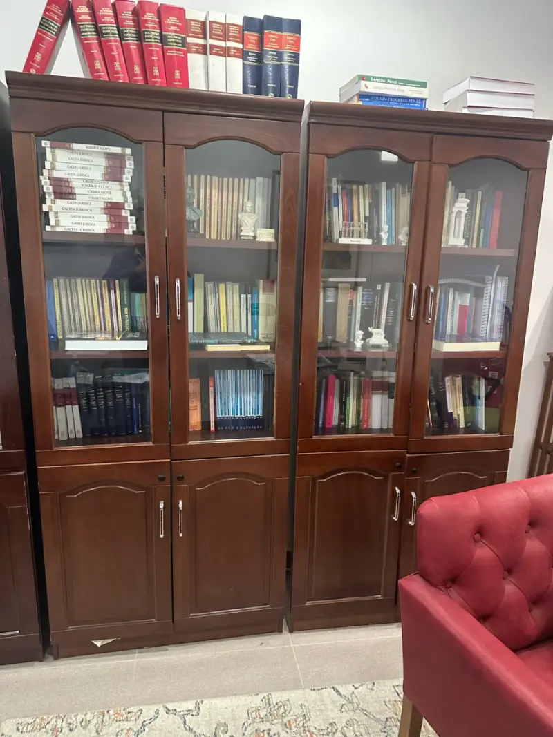 Biblioteca de madera con puertas de vidrio