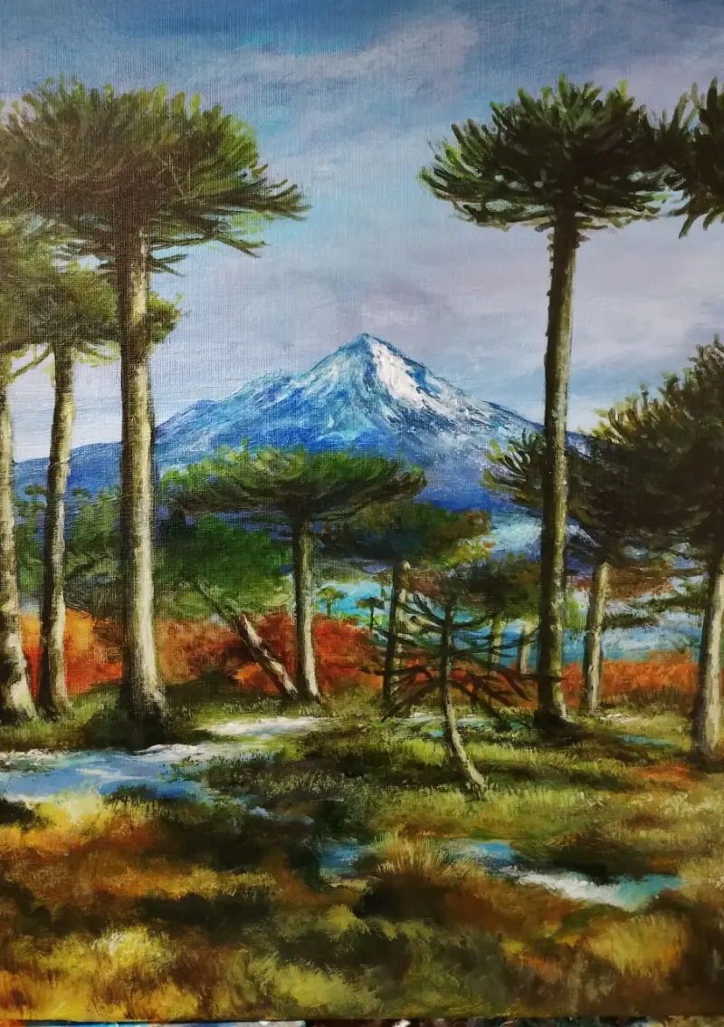 Cuadro Pintura Paisaje Araucarias y Montaña