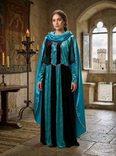 Vestido medieval azul con capa y capucha - miniatura 1