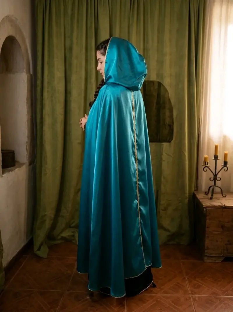 Vestido medieval azul con capa y capucha - 2