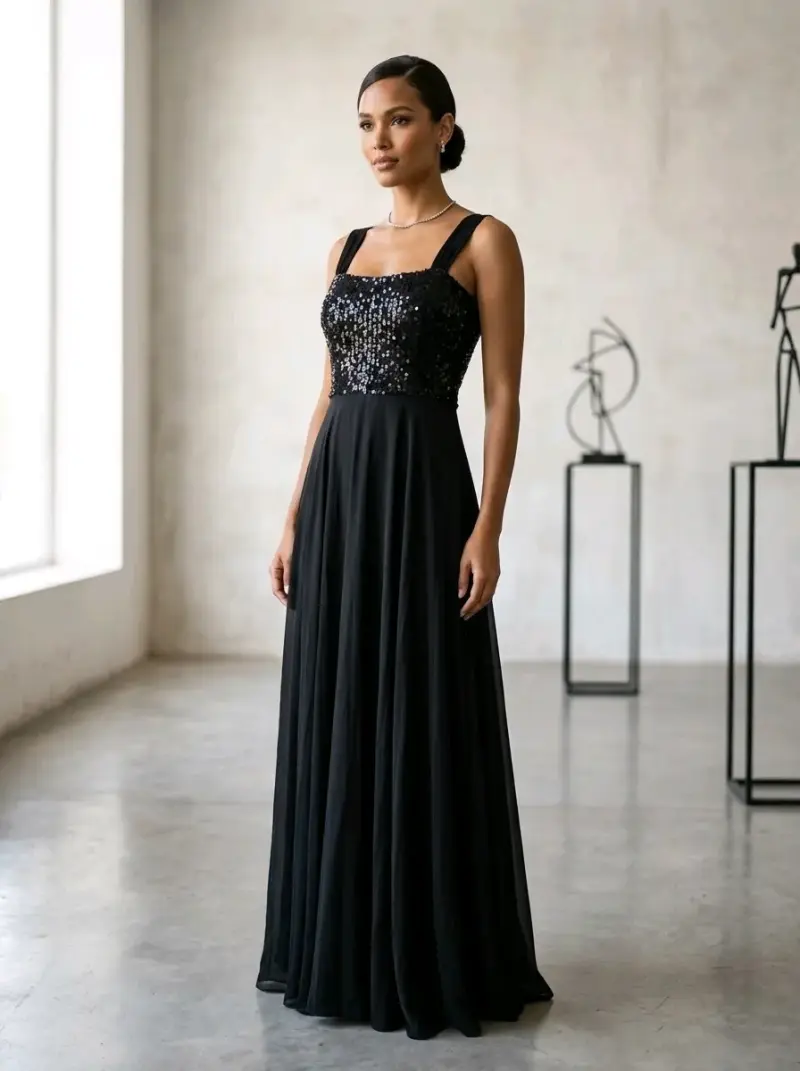 Vestido largo negro con lentejuelas elegante - 2