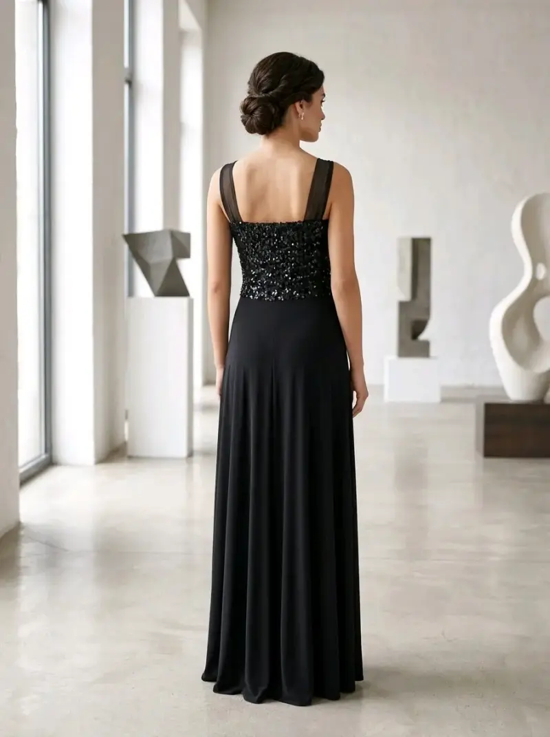 Vestido largo negro con lentejuelas elegante - 4