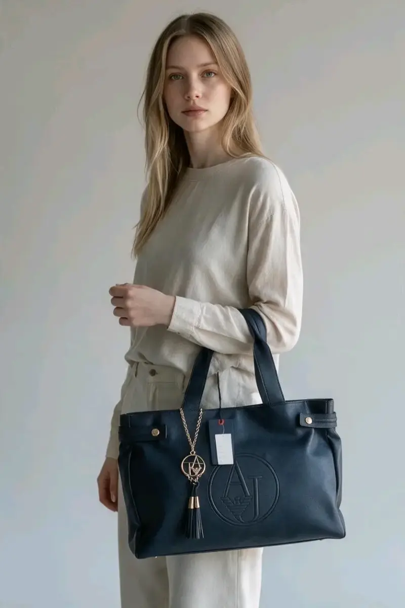 Bolso de mano azul marino con logo y colgante - 2
