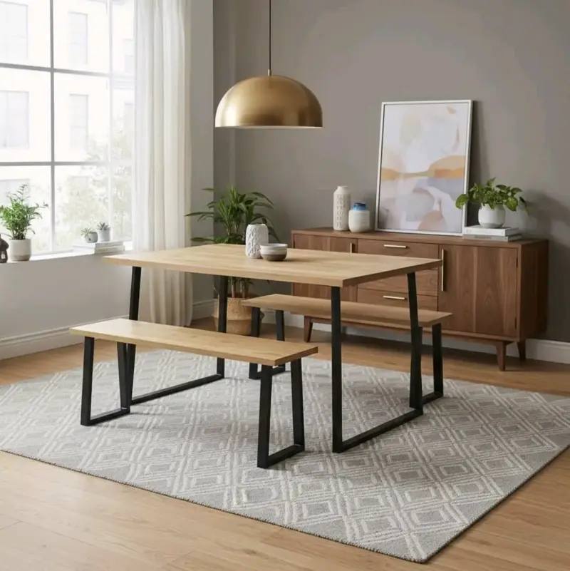 Mesa de comedor con bancas de madera y metal - 3