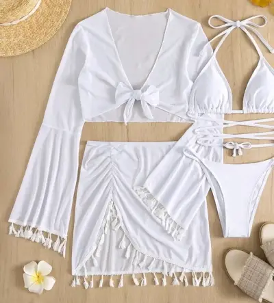 Conjunto de playa blanco con flecos para mujer - miniatura 2