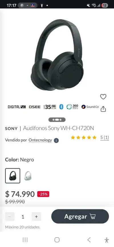Audífonos Sony WH-CH720N con Cancelación de Ruido - miniatura 3