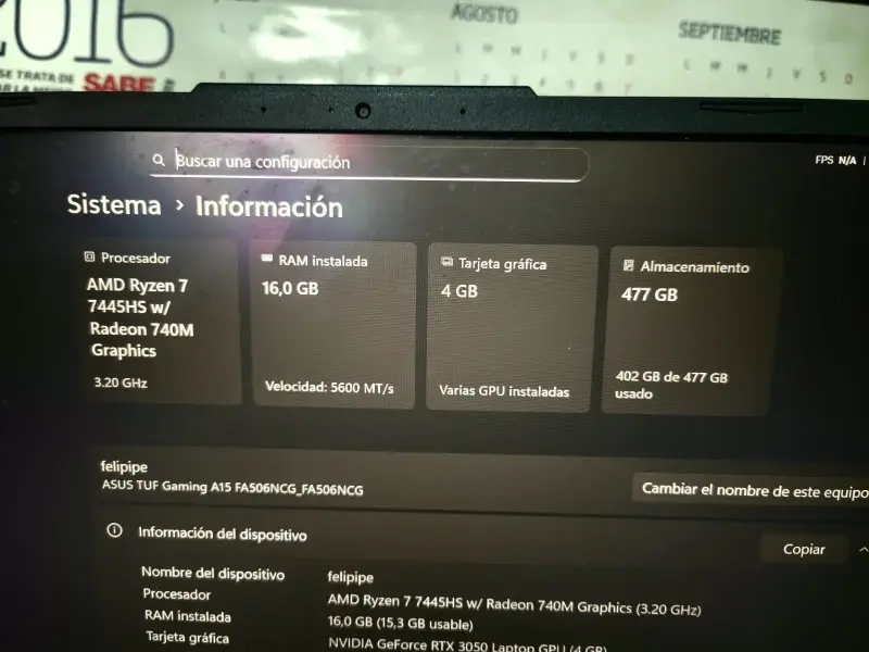 Laptop ASUS TUF Gaming A15 con AMD Ryzen 7 y RTX - 1