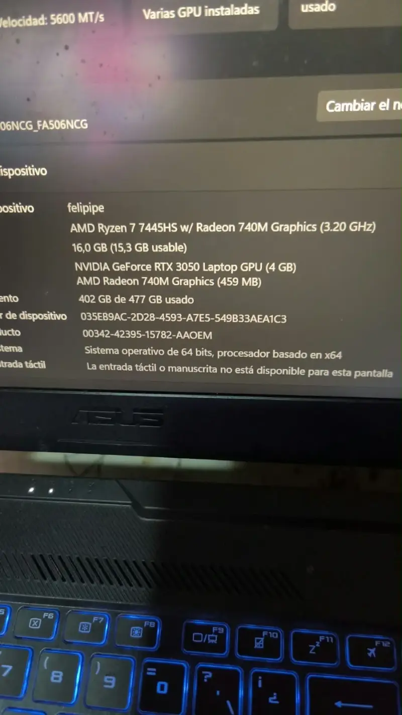 Laptop ASUS TUF Gaming A15 con AMD Ryzen 7 y RTX - 3