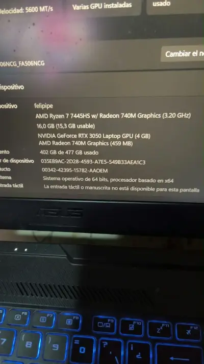 Laptop ASUS TUF Gaming A15 con AMD Ryzen 7 y RTX - miniatura 3