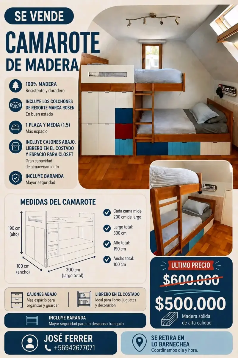 Camarote de madera 1.5 plazas con colchones Rosen - 1