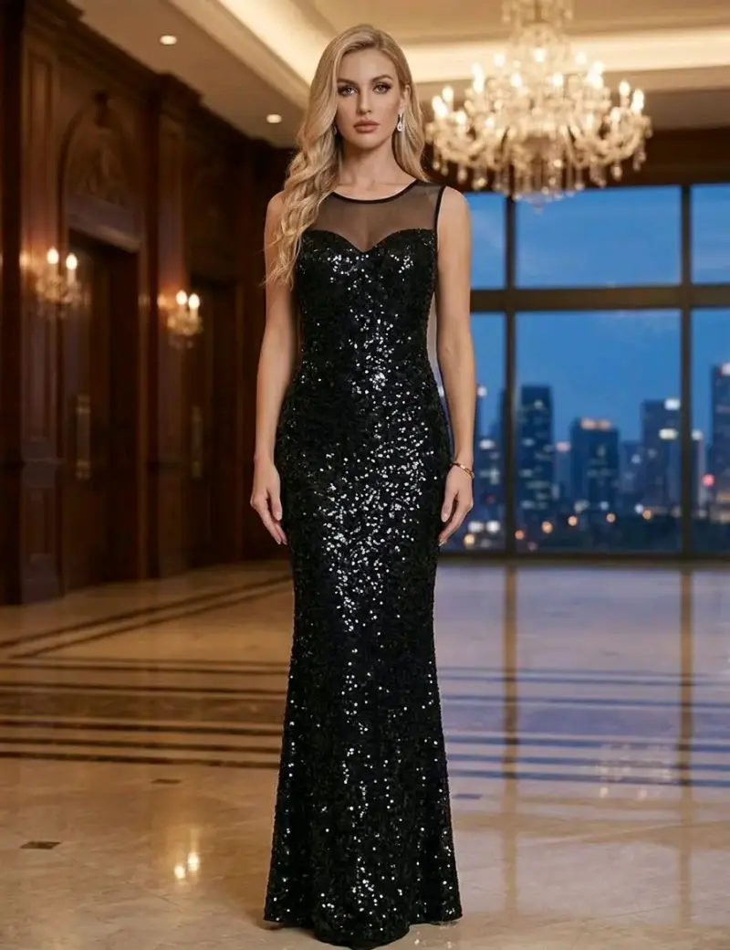 Vestido de noche elegante con lentejuelas y abertura - 2