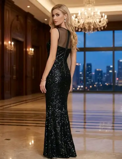 Vestido de noche elegante con lentejuelas y abertura - miniatura 3