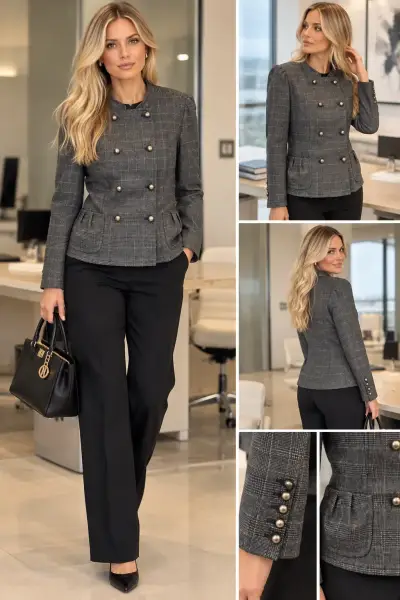 Blazer de Mujer Cuadros Gris con Botones - miniatura 1