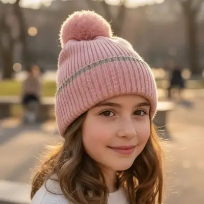 Gorro de lana rosado con pompón para niña Colloky - miniatura 1