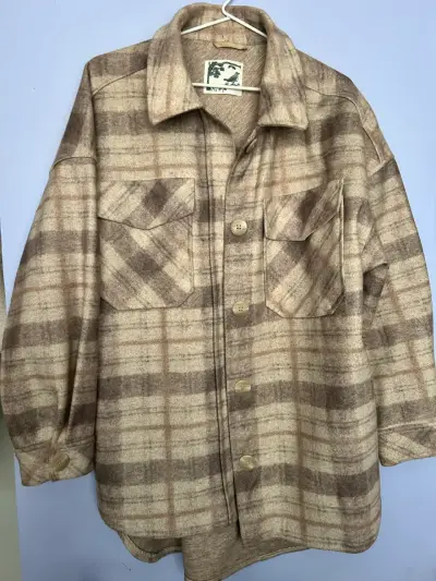 Chaqueta de lana a cuadros beige y marrón - miniatura 1