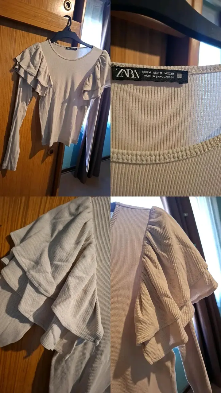 Polera manga larga con volantes Zara beige