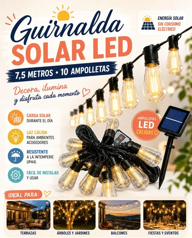 Guirnalda Solar LED 7.5m con 10 Ampolletas