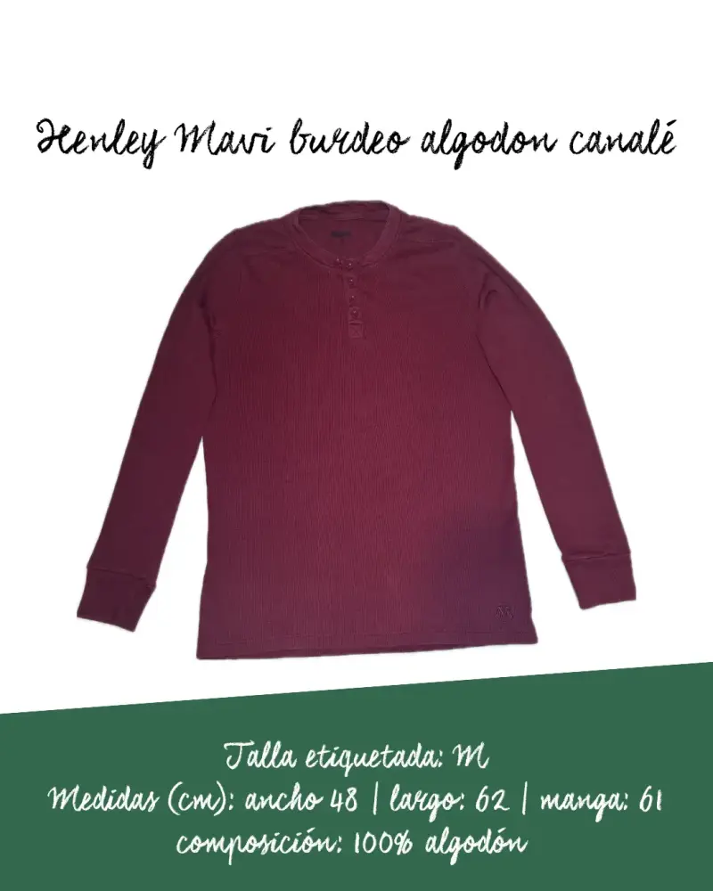 Polera Henley Mavi burdeo algodón canalé