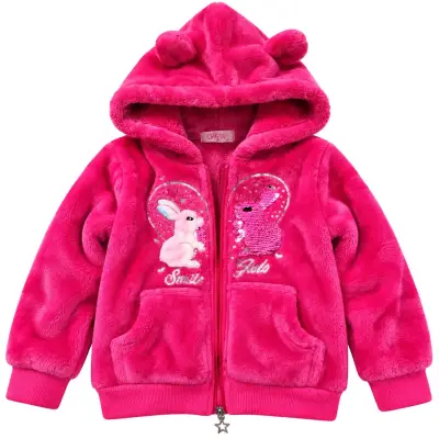 Chaqueta de felpa rosa con capucha para niñas - miniatura 1