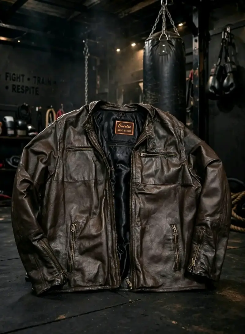 Chaqueta de cuero marrón moto para hombre