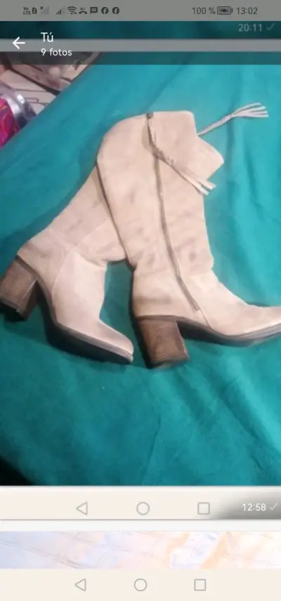 Botas altas Gacel de cuero beige con tacón - miniatura 1