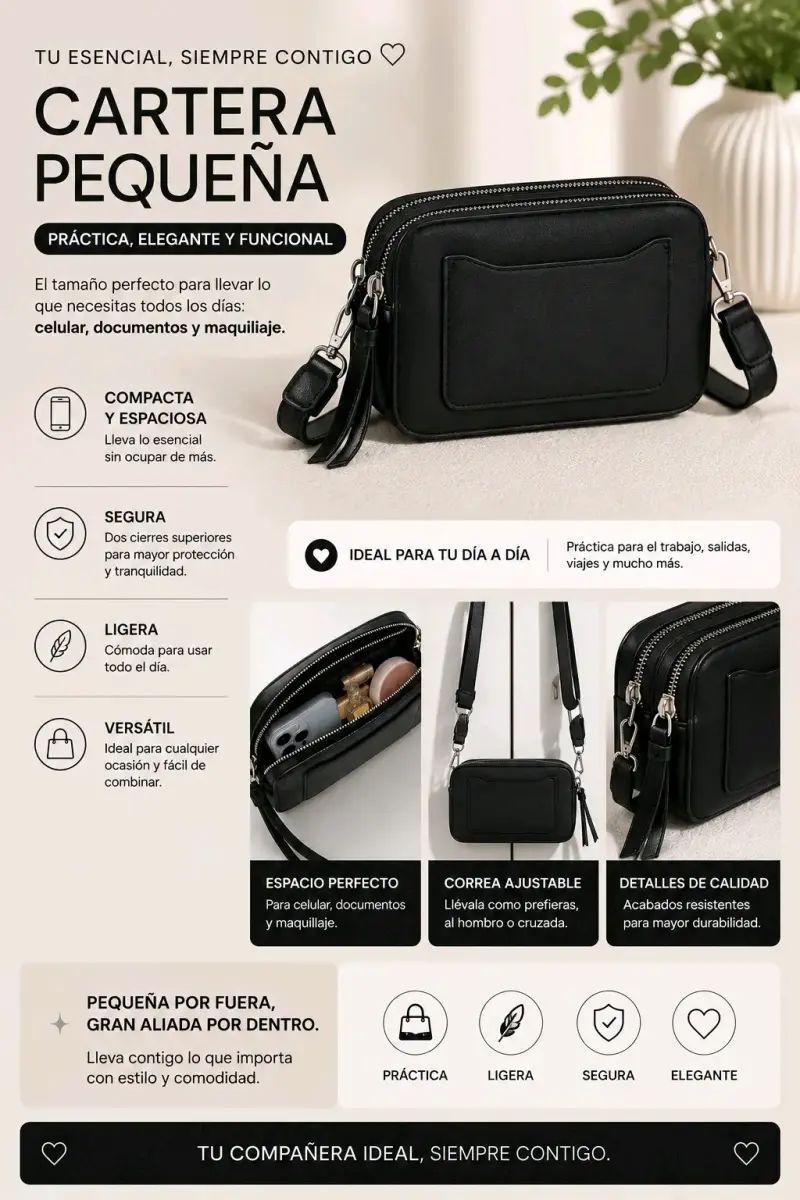 Cartera Pequeña Negra Práctica y Elegante