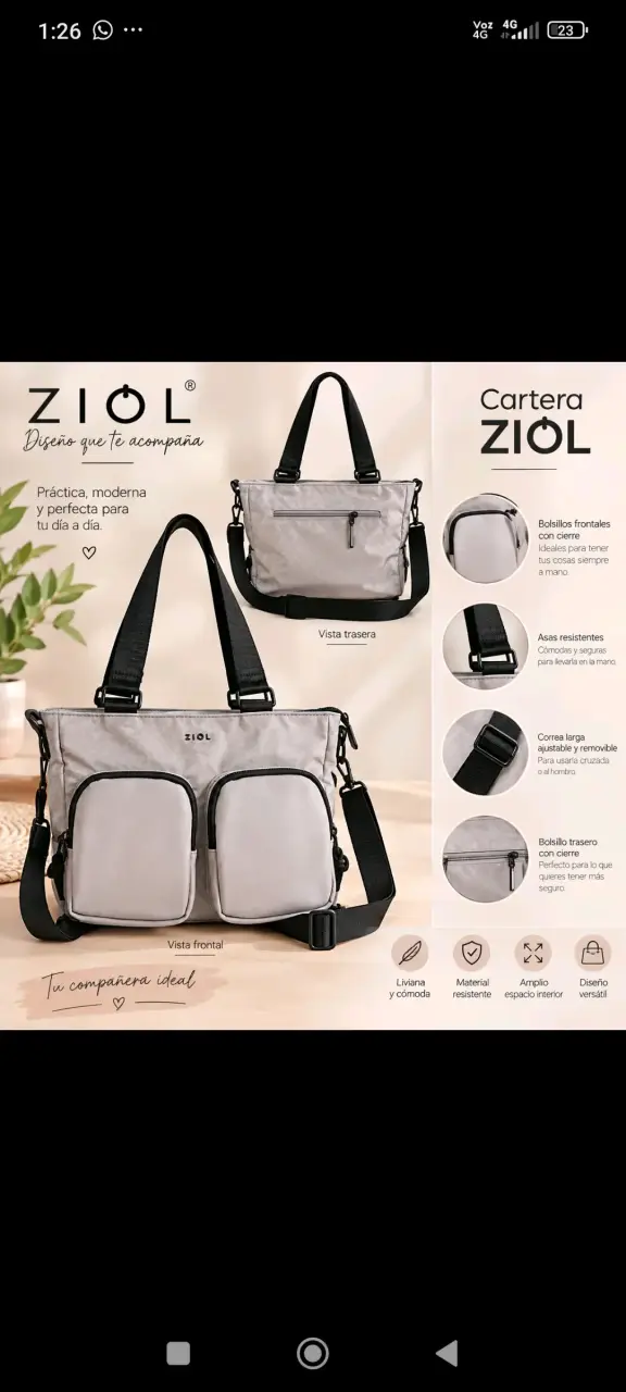 Cartera Ziol gris con bolsillos frontales - 1