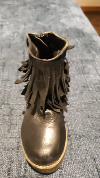 Botines de cuero negro con flecos y tacón alto - miniatura 2