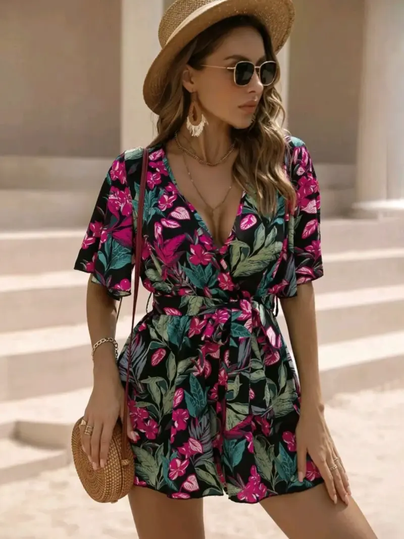 Enterito corto floral con cinturón para mujer - 3