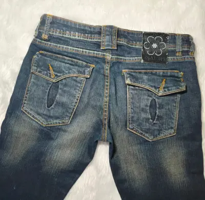 Jeans de mezclilla azul oscuro, tiro bajo Y2k - miniatura 4