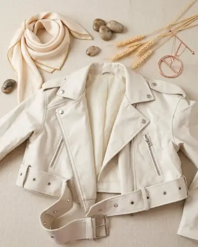 Chaqueta de cuero sintético beige con cinturón - miniatura 2