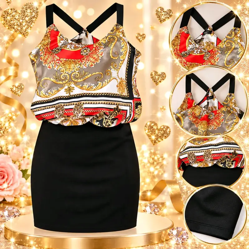 Vestido corto con estampado barroco y tirantes cruzados