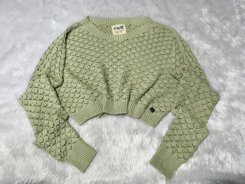 Suéter de punto calado Melt, verde y rosa oversize - 1