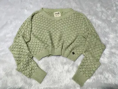 Suéter de punto calado Melt, verde y rosa oversize - miniatura 1
