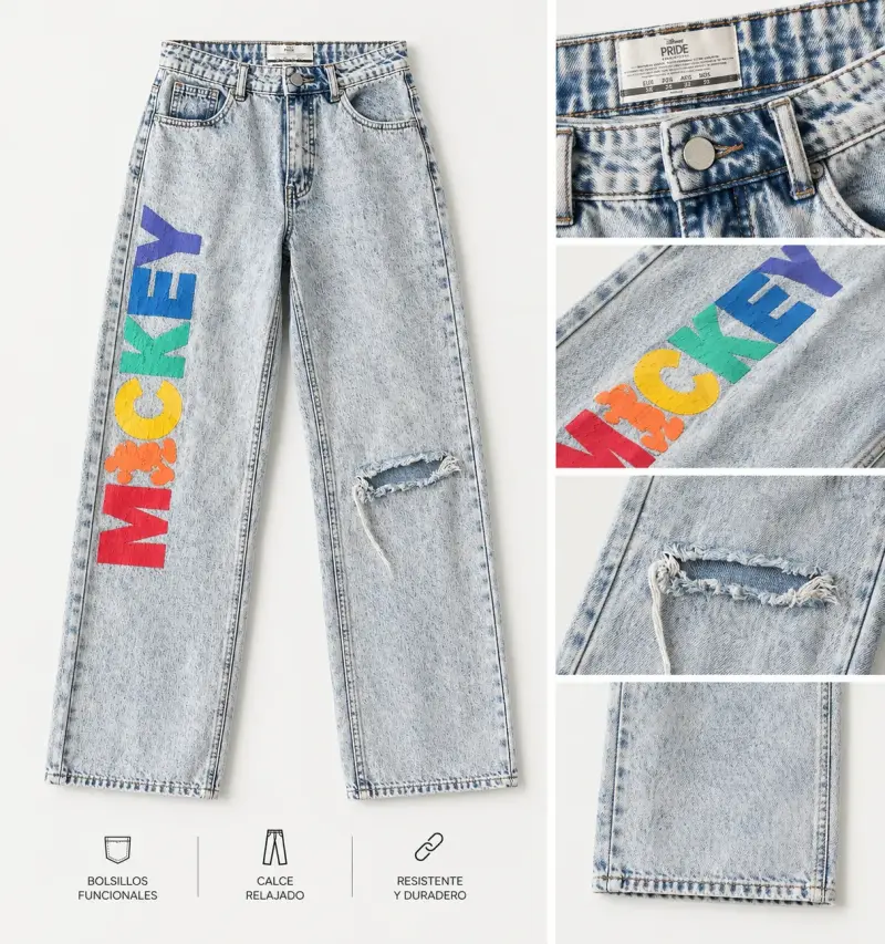 Jeans Mickey Pride con diseño colorido y rasgados