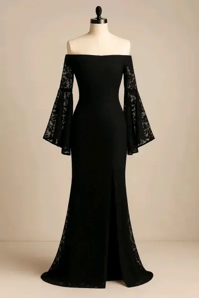 Vestido largo negro con encaje y mangas acampanadas - miniatura 1